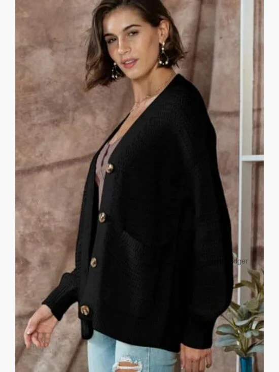 Chunky Knit Cardigan Open Front Long Sleeve V-Neck Loose Fit Sweater - Picture 4 of 7